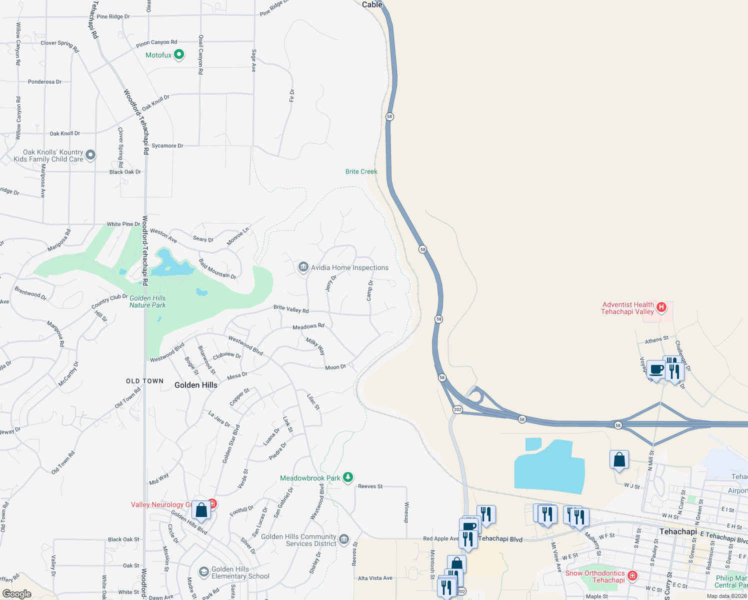 map of restaurants, bars, coffee shops, grocery stores, and more near 22600 Camp Drive in Tehachapi