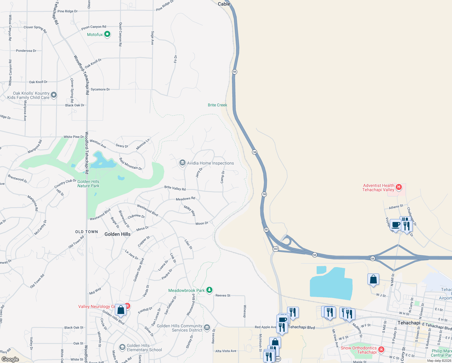 map of restaurants, bars, coffee shops, grocery stores, and more near 22600 Camp Drive in Tehachapi