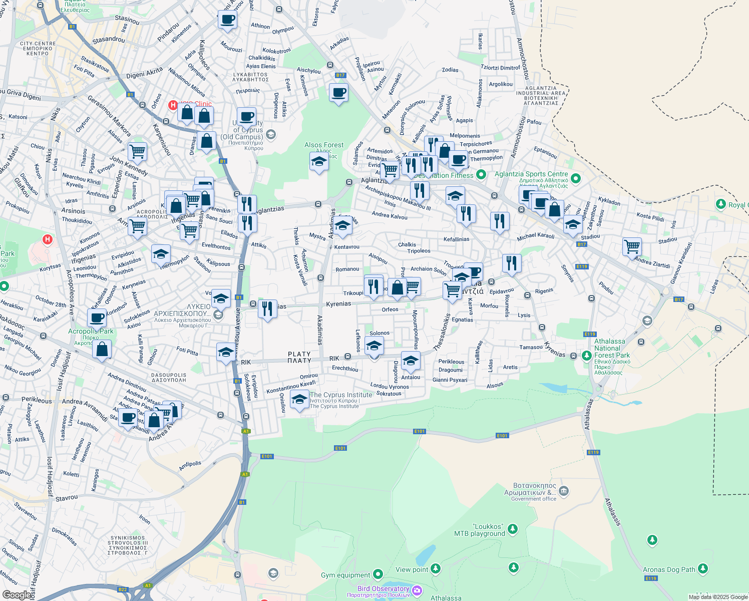 map of restaurants, bars, coffee shops, grocery stores, and more near 132 Kyrenias in Aglantzia