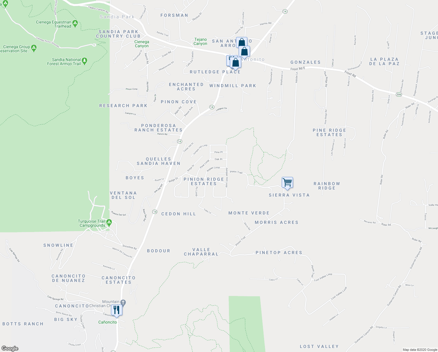 map of restaurants, bars, coffee shops, grocery stores, and more near 5 Juniper Court in Cedar Crest