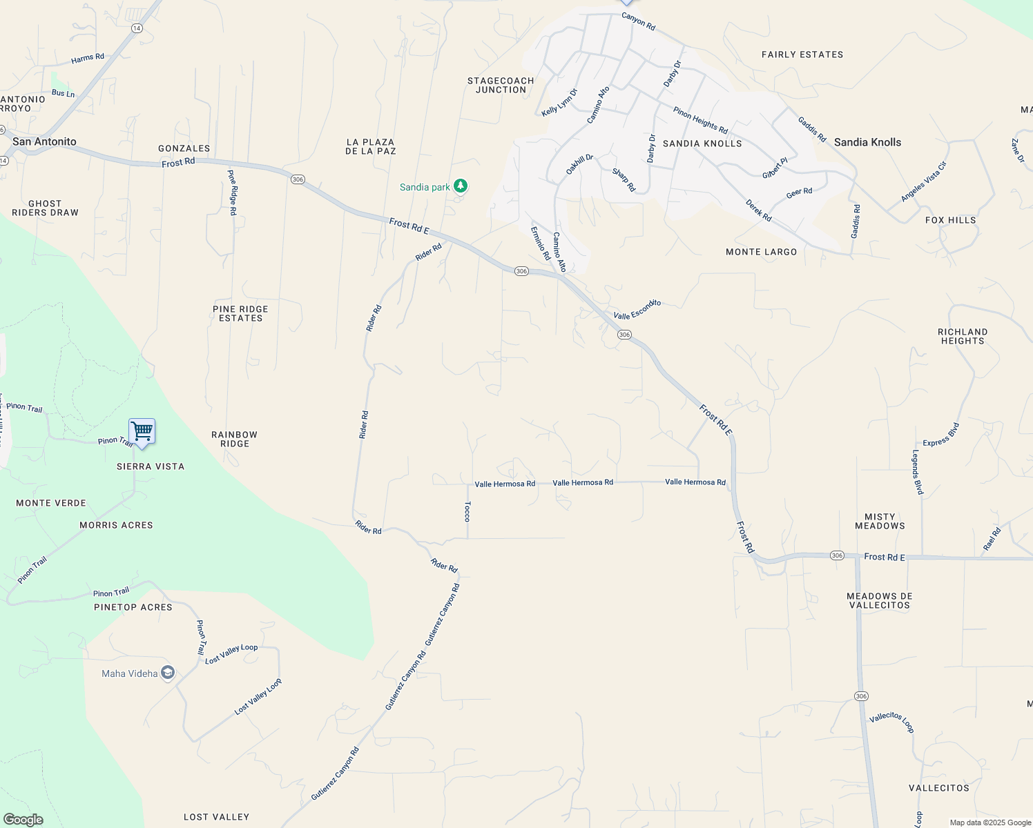 map of restaurants, bars, coffee shops, grocery stores, and more near 23 Oakmont Ridge Road in Sandia Park