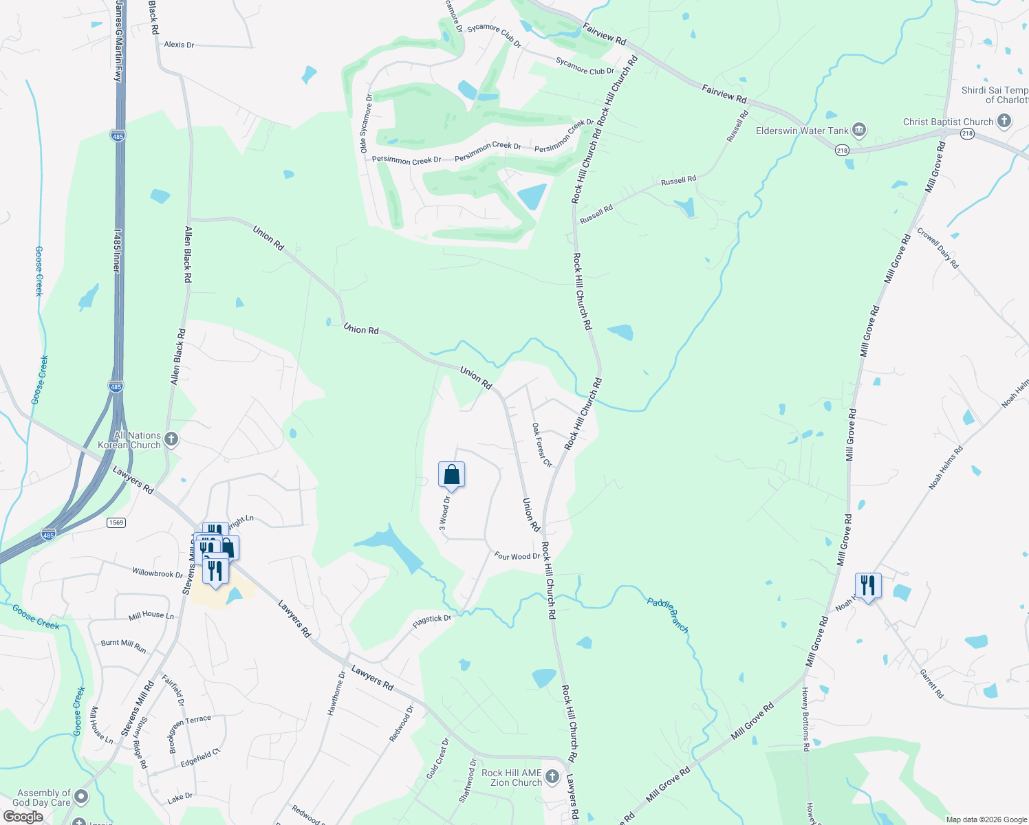 map of restaurants, bars, coffee shops, grocery stores, and more near 404 Union Road in Matthews