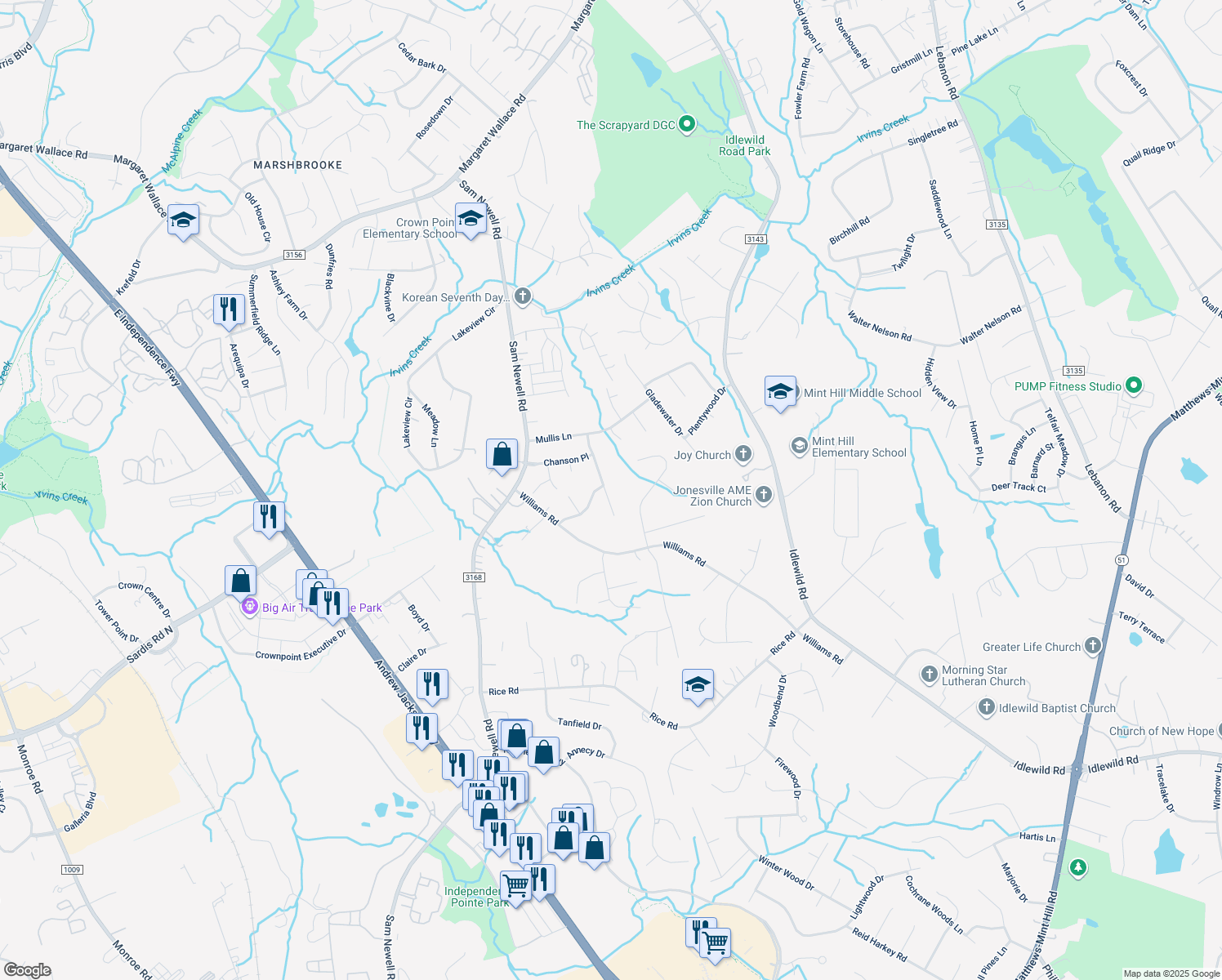 map of restaurants, bars, coffee shops, grocery stores, and more near 2411 Blueberry Ridge Road in Matthews