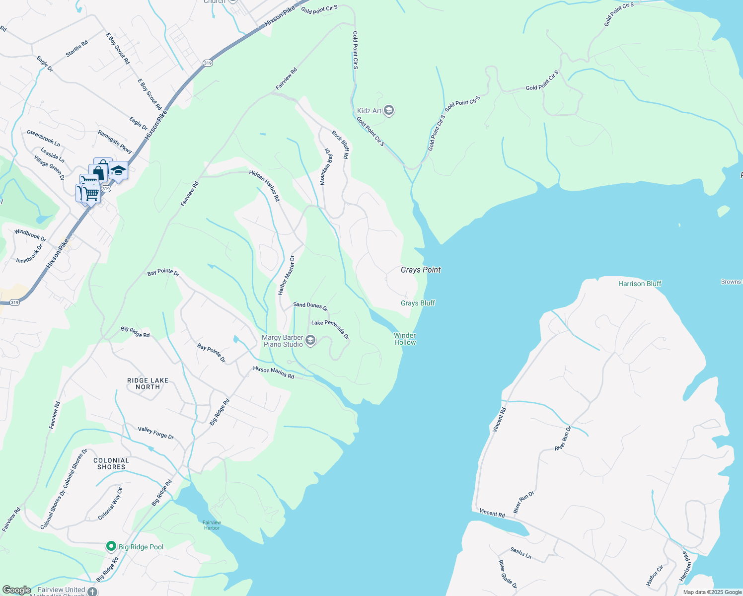 map of restaurants, bars, coffee shops, grocery stores, and more near 6506 Harbor View Drive in Hamilton County