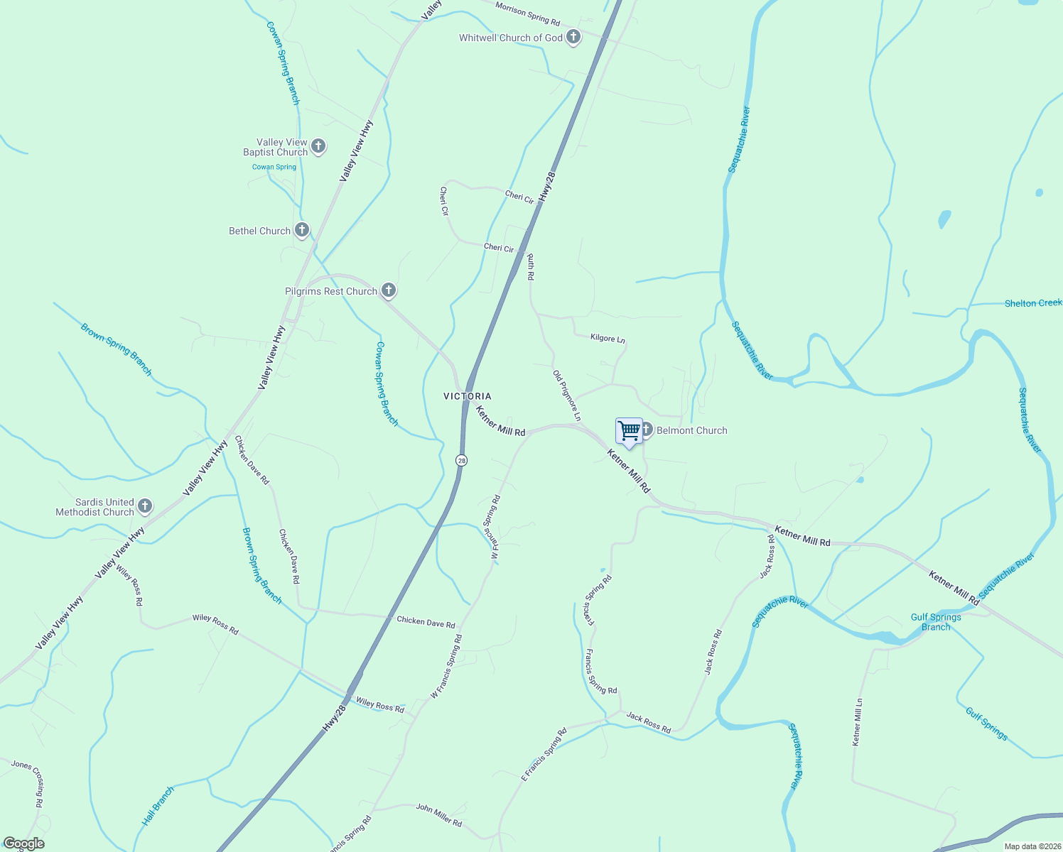 map of restaurants, bars, coffee shops, grocery stores, and more near 1295 Ketner Mill Rd in Whitwell