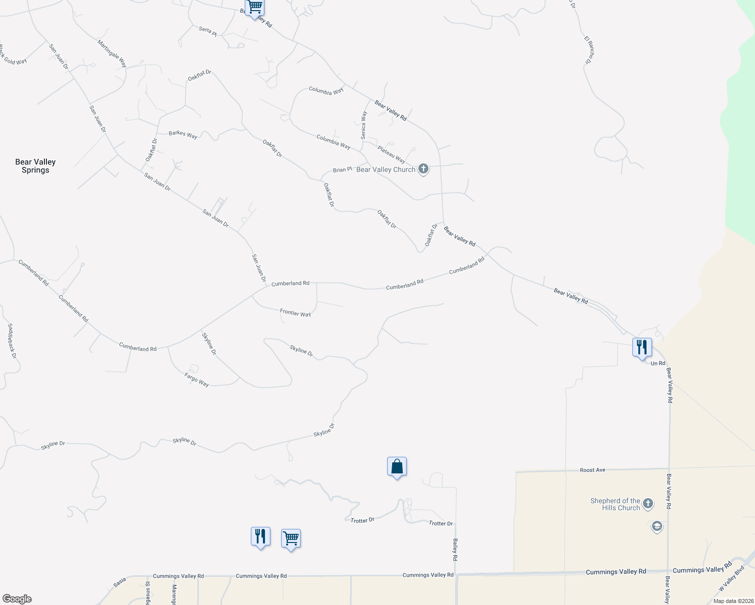 map of restaurants, bars, coffee shops, grocery stores, and more near 26400 Cumberland Road in Tehachapi