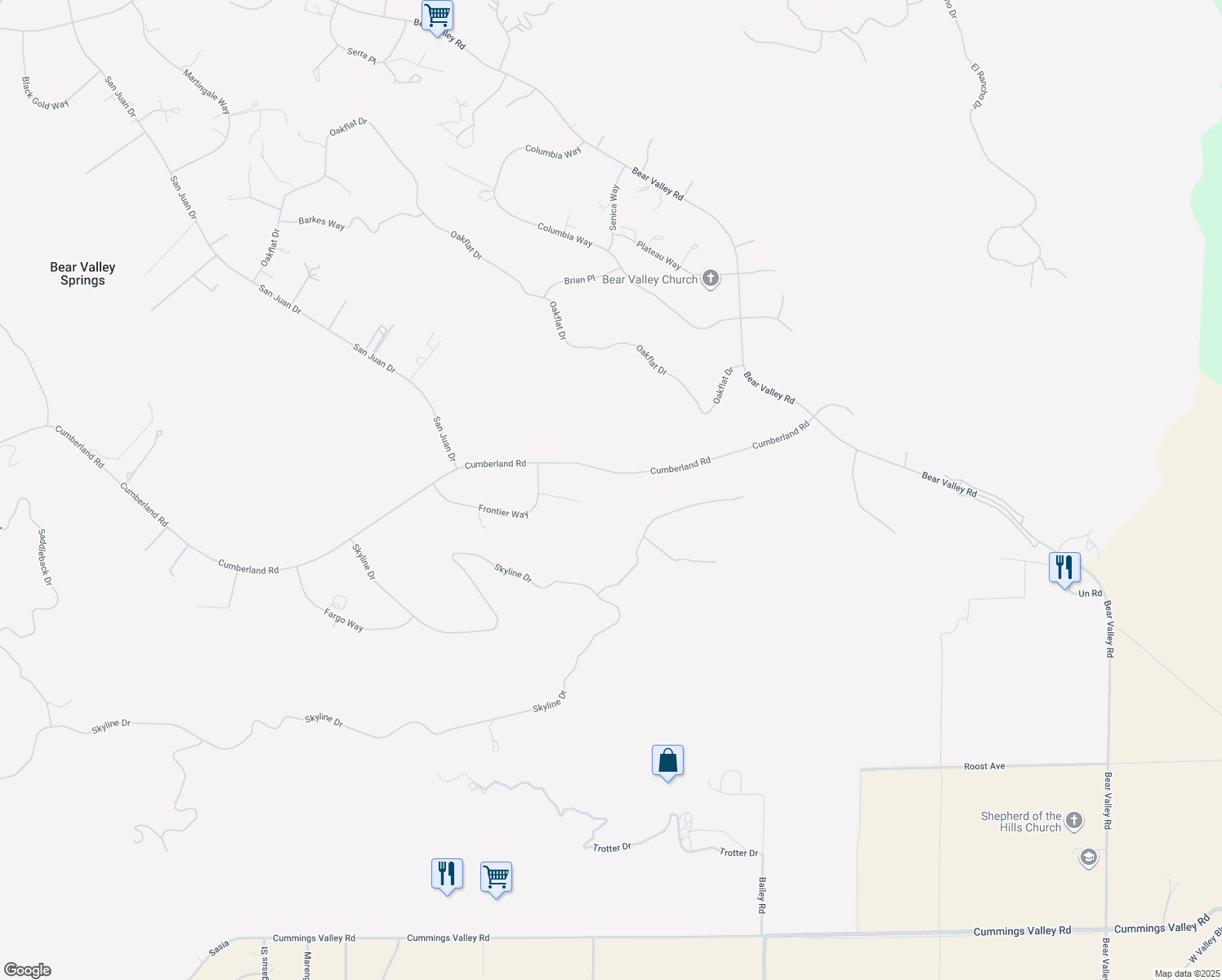 map of restaurants, bars, coffee shops, grocery stores, and more near 26450 Cumberland Road in Tehachapi