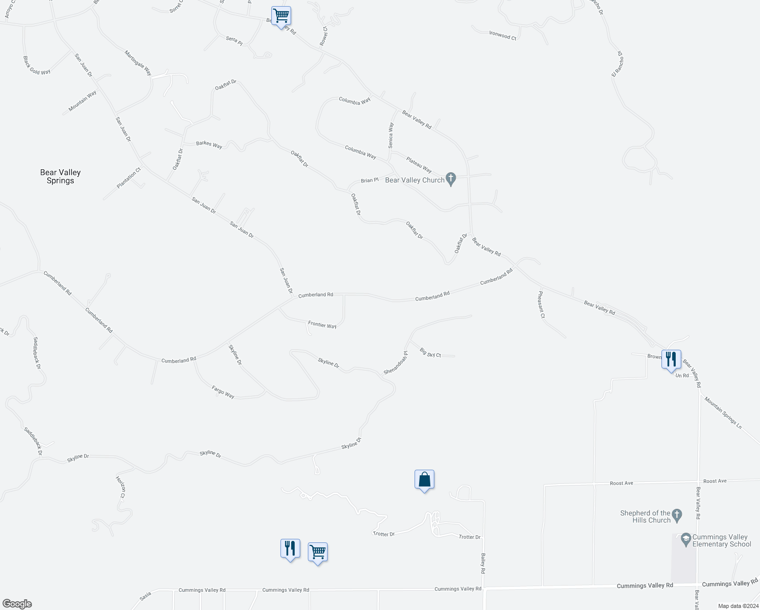 map of restaurants, bars, coffee shops, grocery stores, and more near 26500 Cumberland Road in Tehachapi