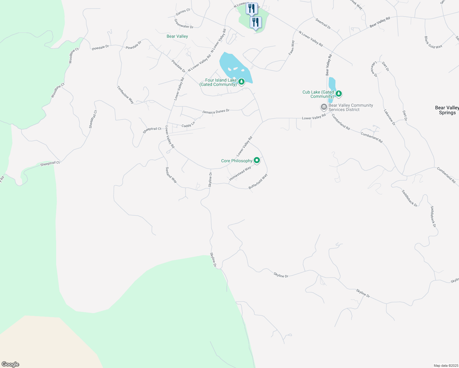 map of restaurants, bars, coffee shops, grocery stores, and more near Butterfield Way in Bear Valley Springs