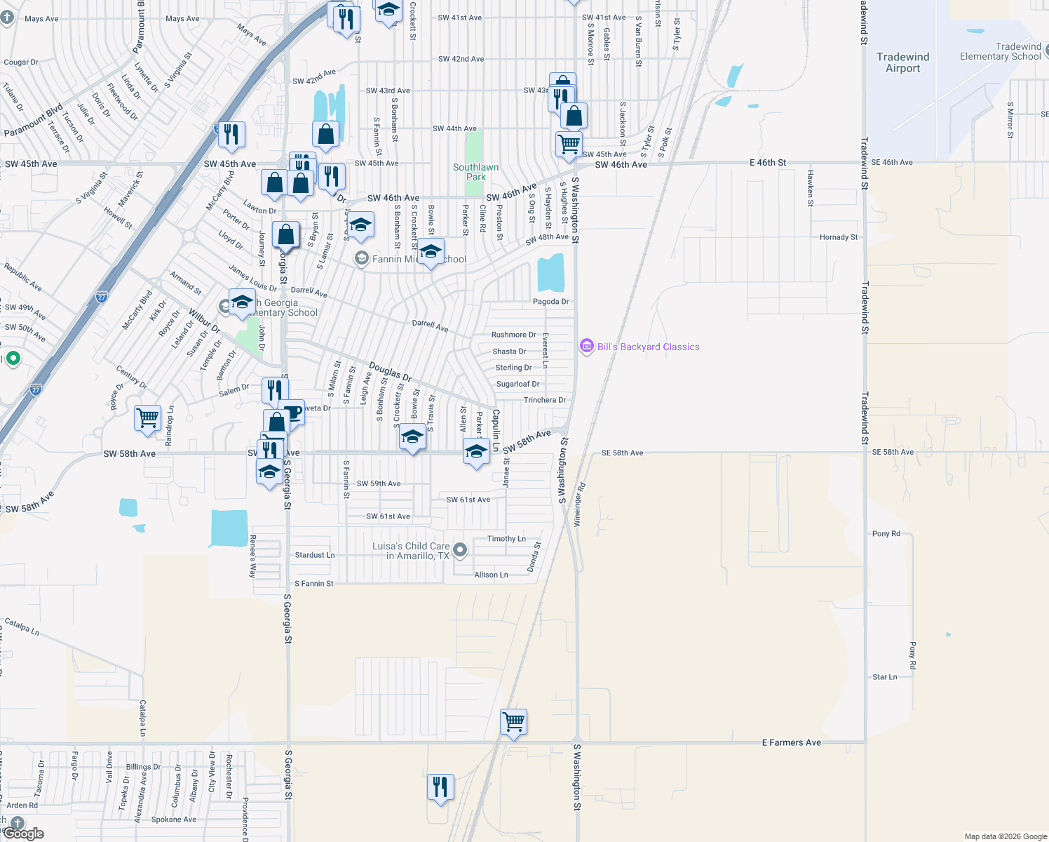 map of restaurants, bars, coffee shops, grocery stores, and more near 5320 Wheeler Lane in Amarillo