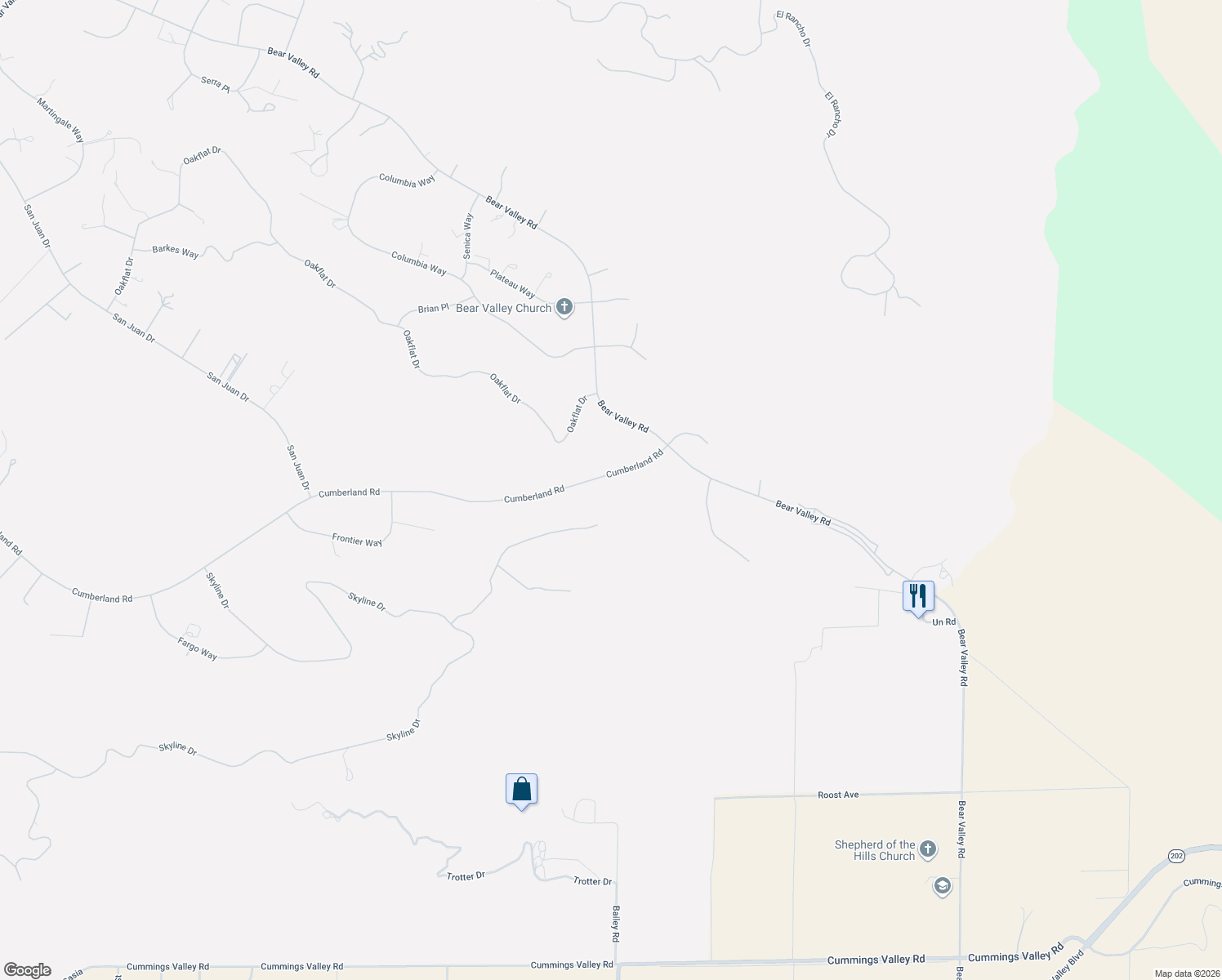 map of restaurants, bars, coffee shops, grocery stores, and more near 26050 Cumberland Road in Tehachapi