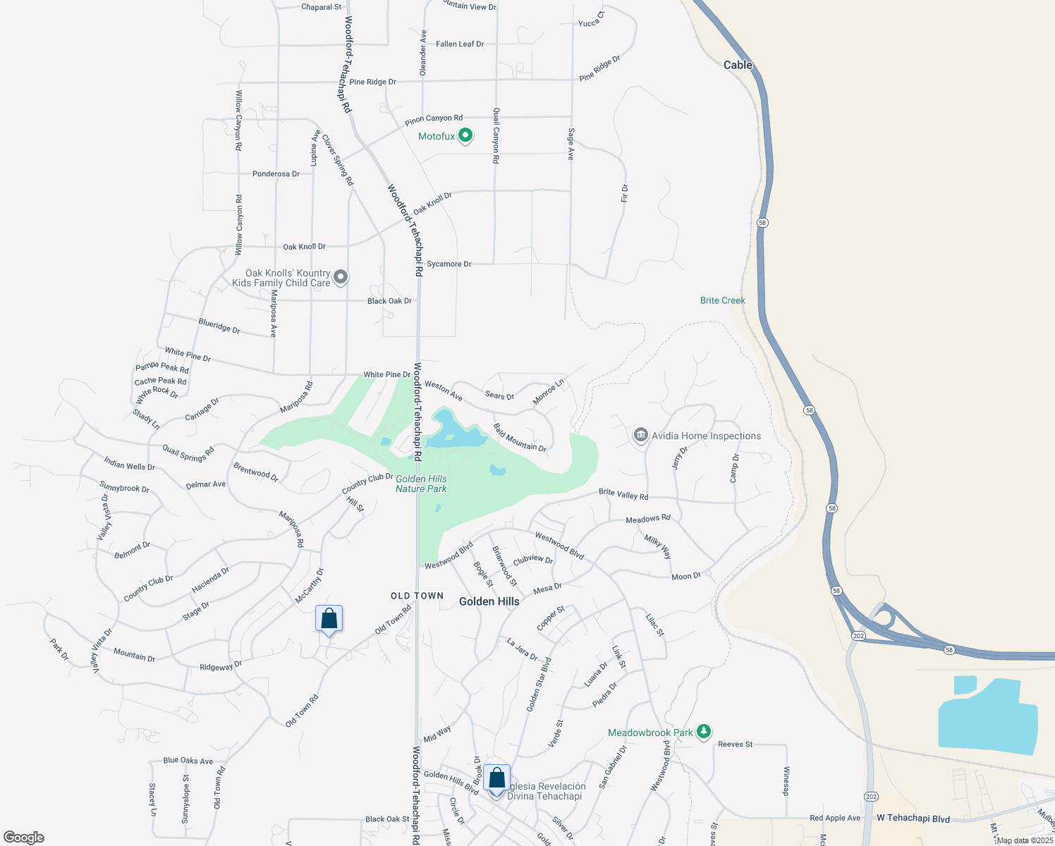 map of restaurants, bars, coffee shops, grocery stores, and more near 22720 Debbie Place in Tehachapi