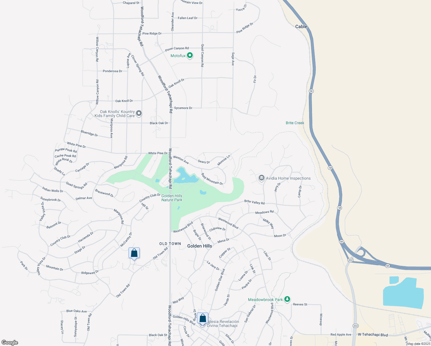 map of restaurants, bars, coffee shops, grocery stores, and more near 22720 Debbie Place in Tehachapi