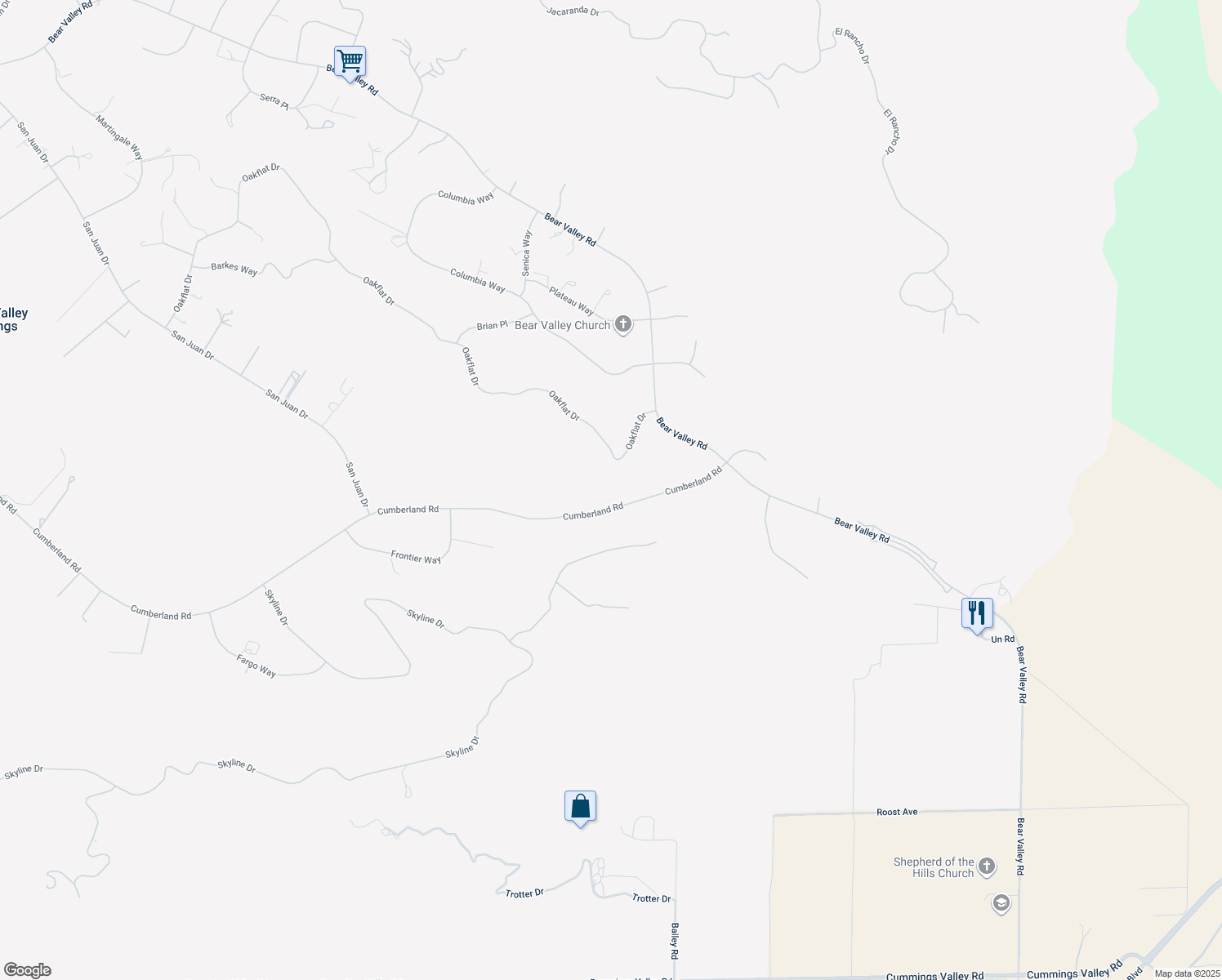map of restaurants, bars, coffee shops, grocery stores, and more near 26201 Cumberland Road in Tehachapi