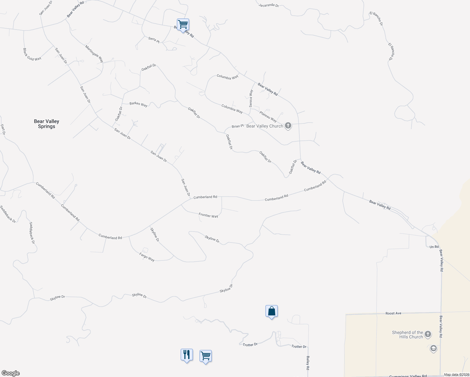 map of restaurants, bars, coffee shops, grocery stores, and more near 26551 Cumberland Road in Tehachapi