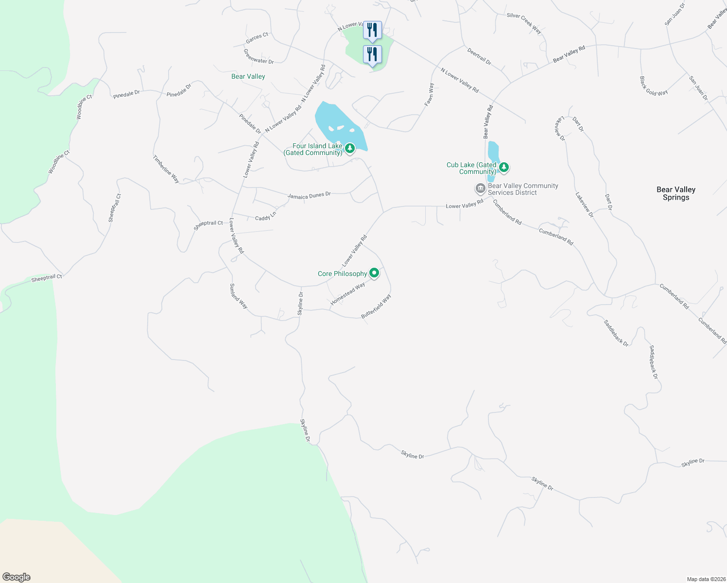 map of restaurants, bars, coffee shops, grocery stores, and more near 23070 Homestead Way in Bear Valley Springs