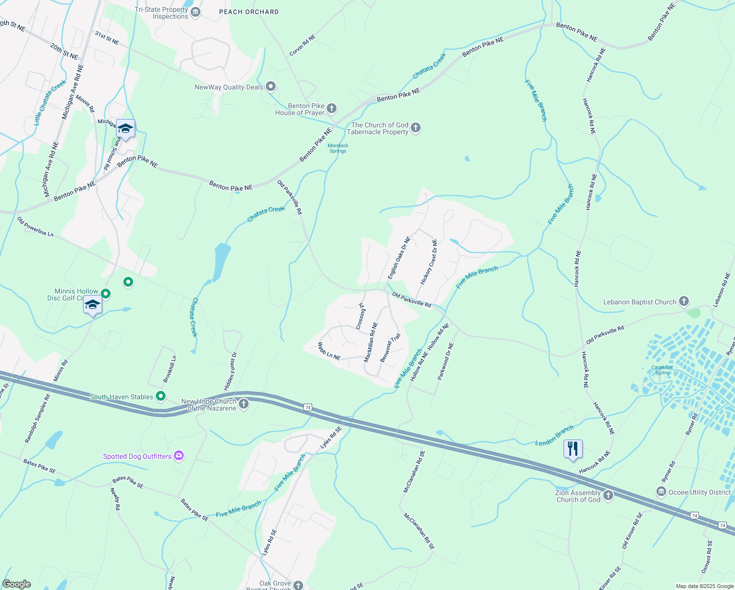 map of restaurants, bars, coffee shops, grocery stores, and more near 518 Old Parksville Road Northeast in Cleveland