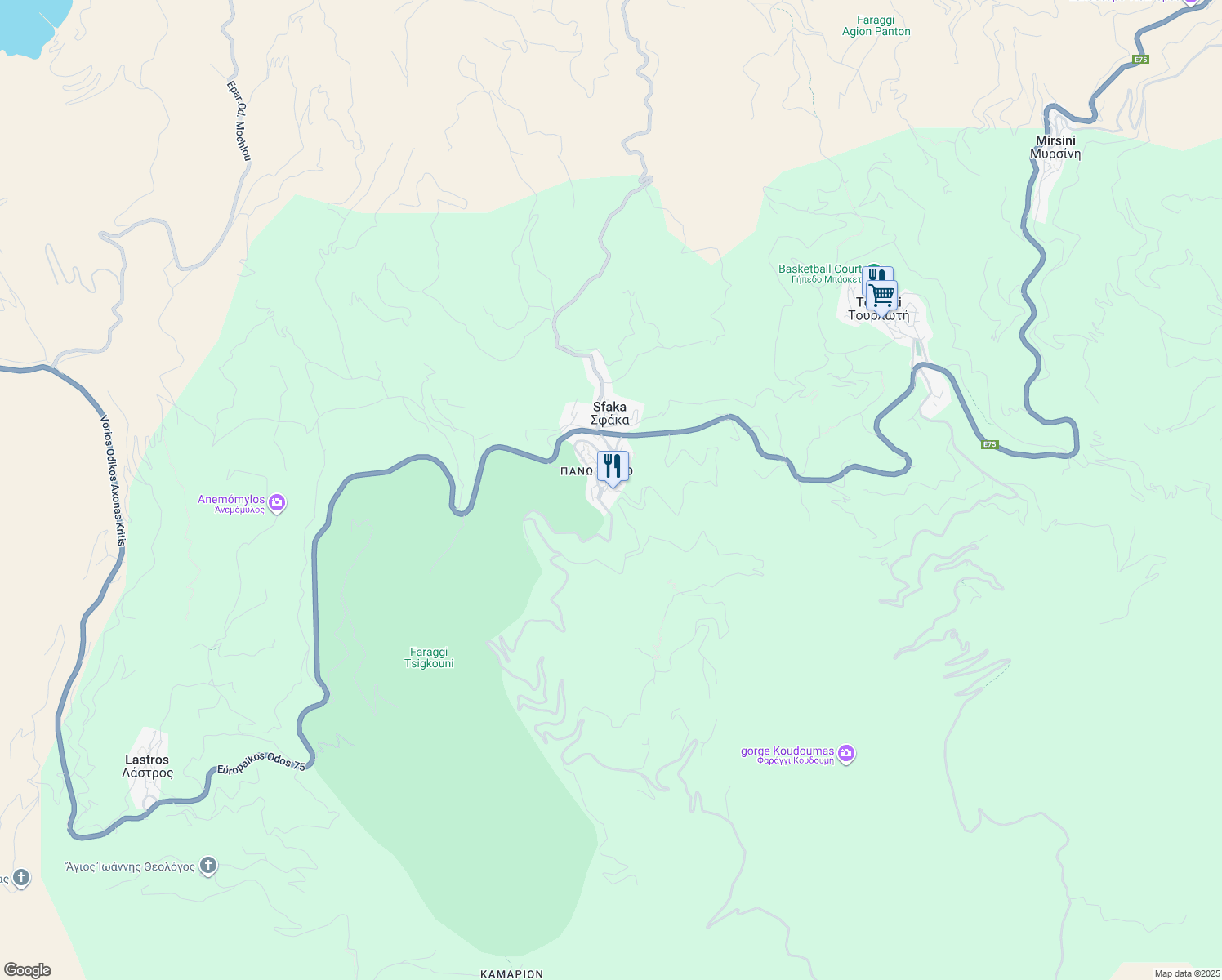 map of restaurants, bars, coffee shops, grocery stores, and more near in Sfaka