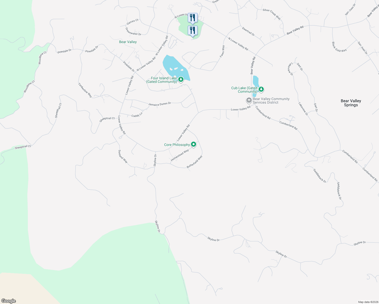 map of restaurants, bars, coffee shops, grocery stores, and more near 23070 Homestead Way in Bear Valley Springs