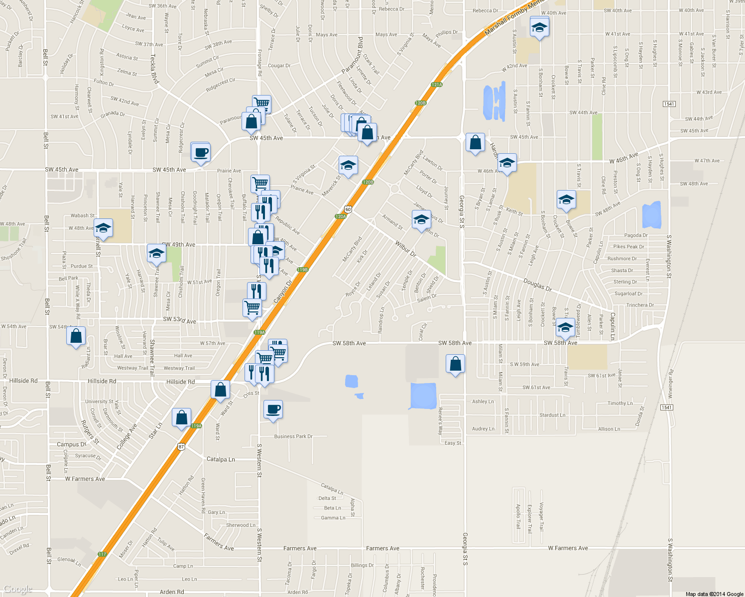 map of restaurants, bars, coffee shops, grocery stores, and more near 5146 Susan Drive in Amarillo