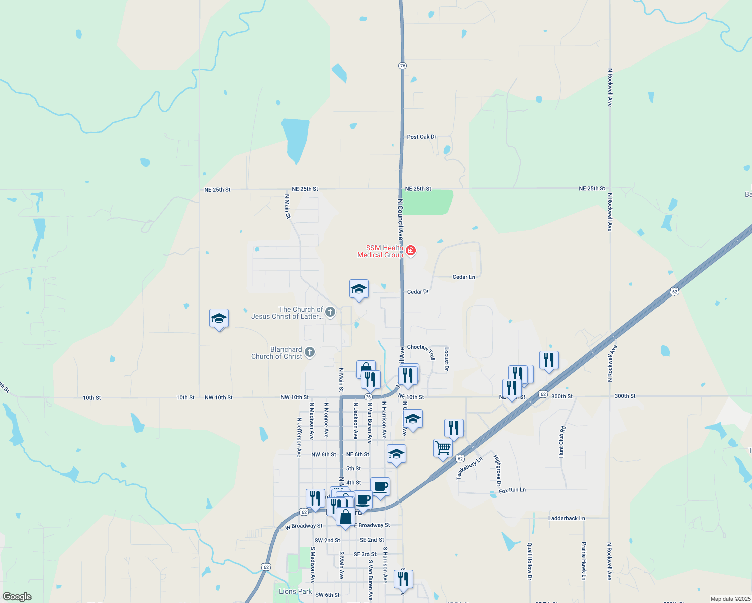 map of restaurants, bars, coffee shops, grocery stores, and more near 1621 Silver Oak Drive in Blanchard