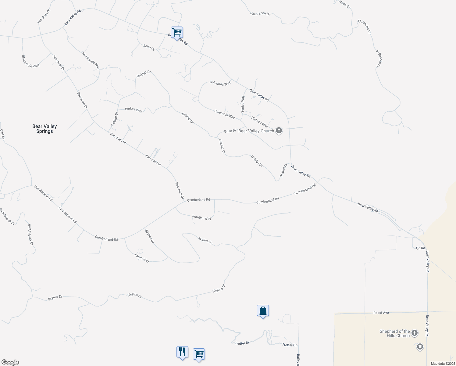 map of restaurants, bars, coffee shops, grocery stores, and more near 26551 Cumberland Road in Tehachapi