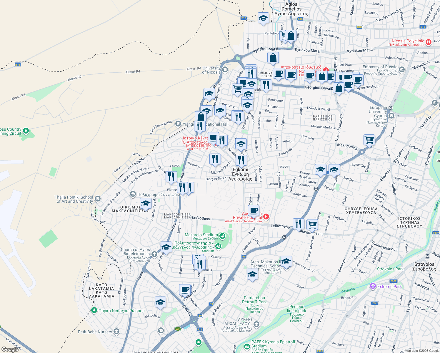 map of restaurants, bars, coffee shops, grocery stores, and more near Agias Kasianis in Egkomi