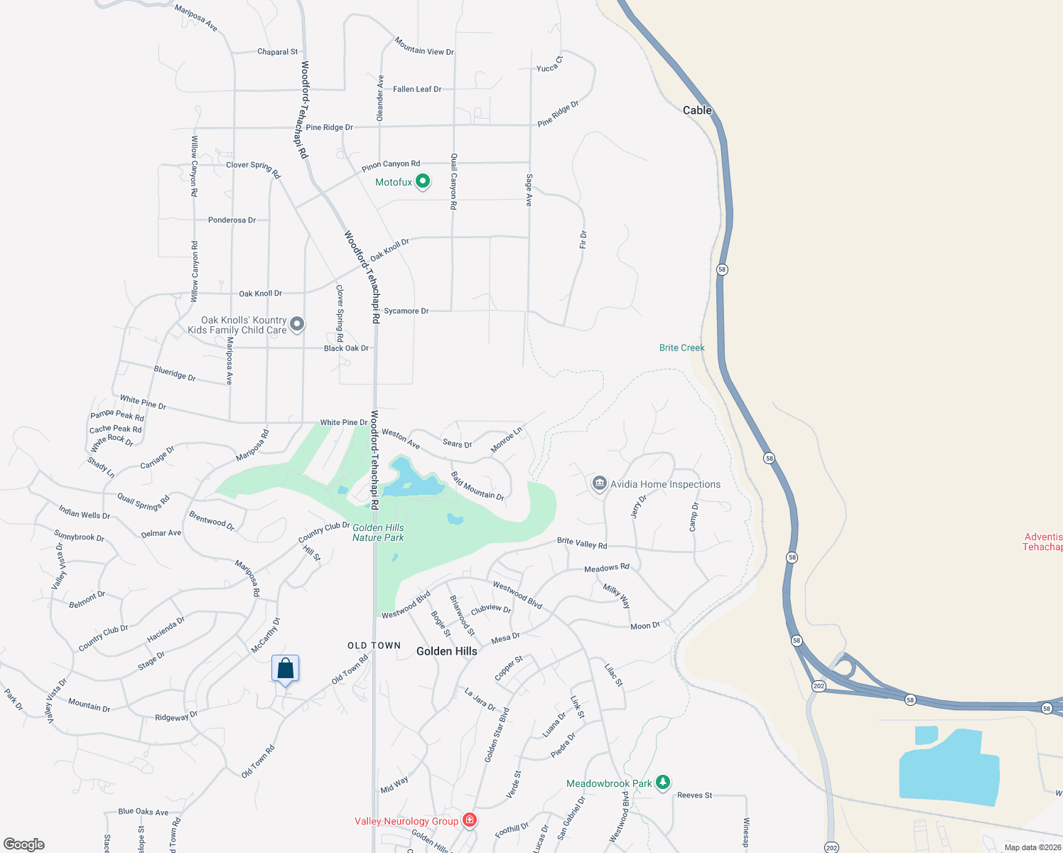 map of restaurants, bars, coffee shops, grocery stores, and more near 23005 Monroe Lane in Tehachapi