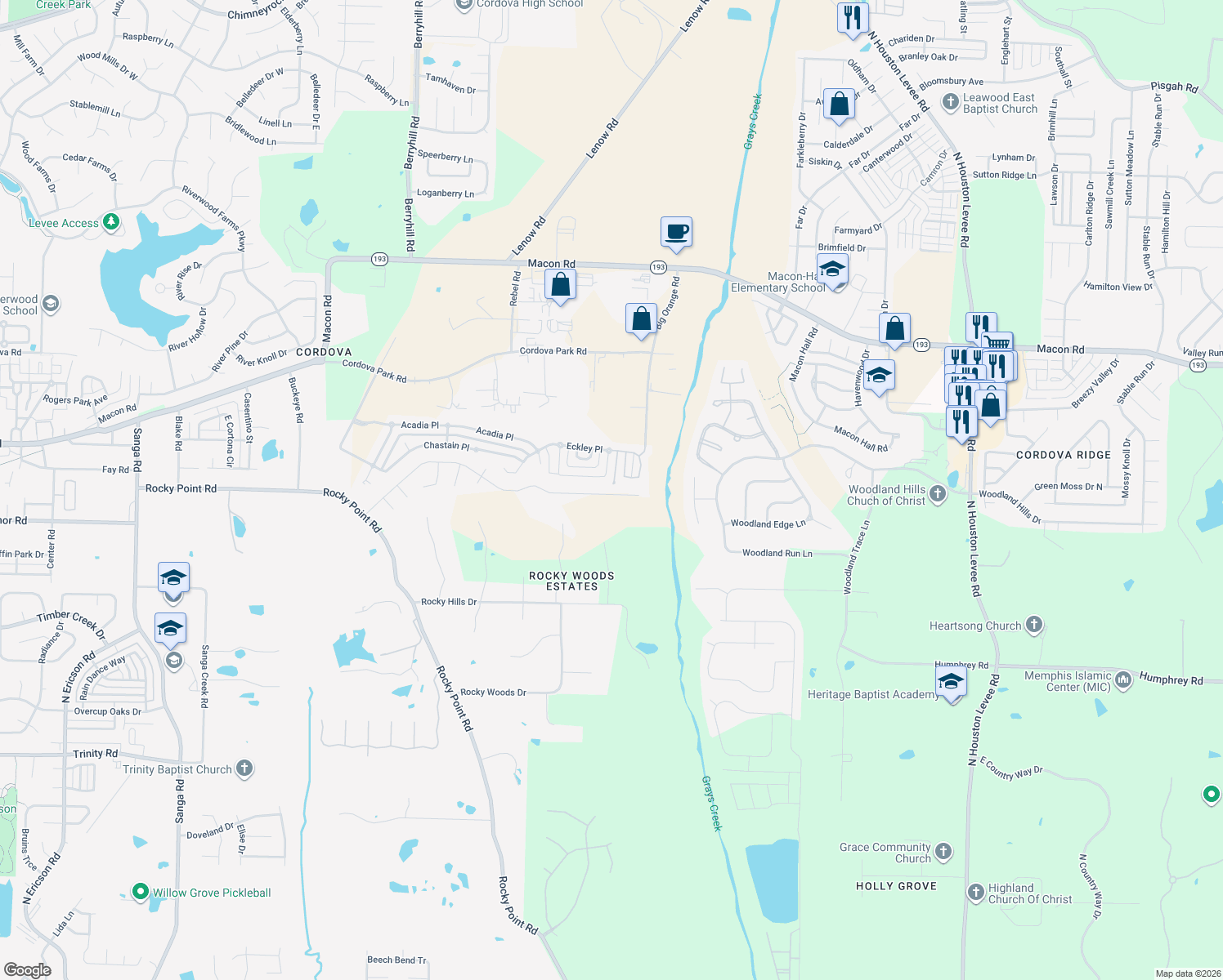map of restaurants, bars, coffee shops, grocery stores, and more near 9482 Afton Grove Road in Shelby County