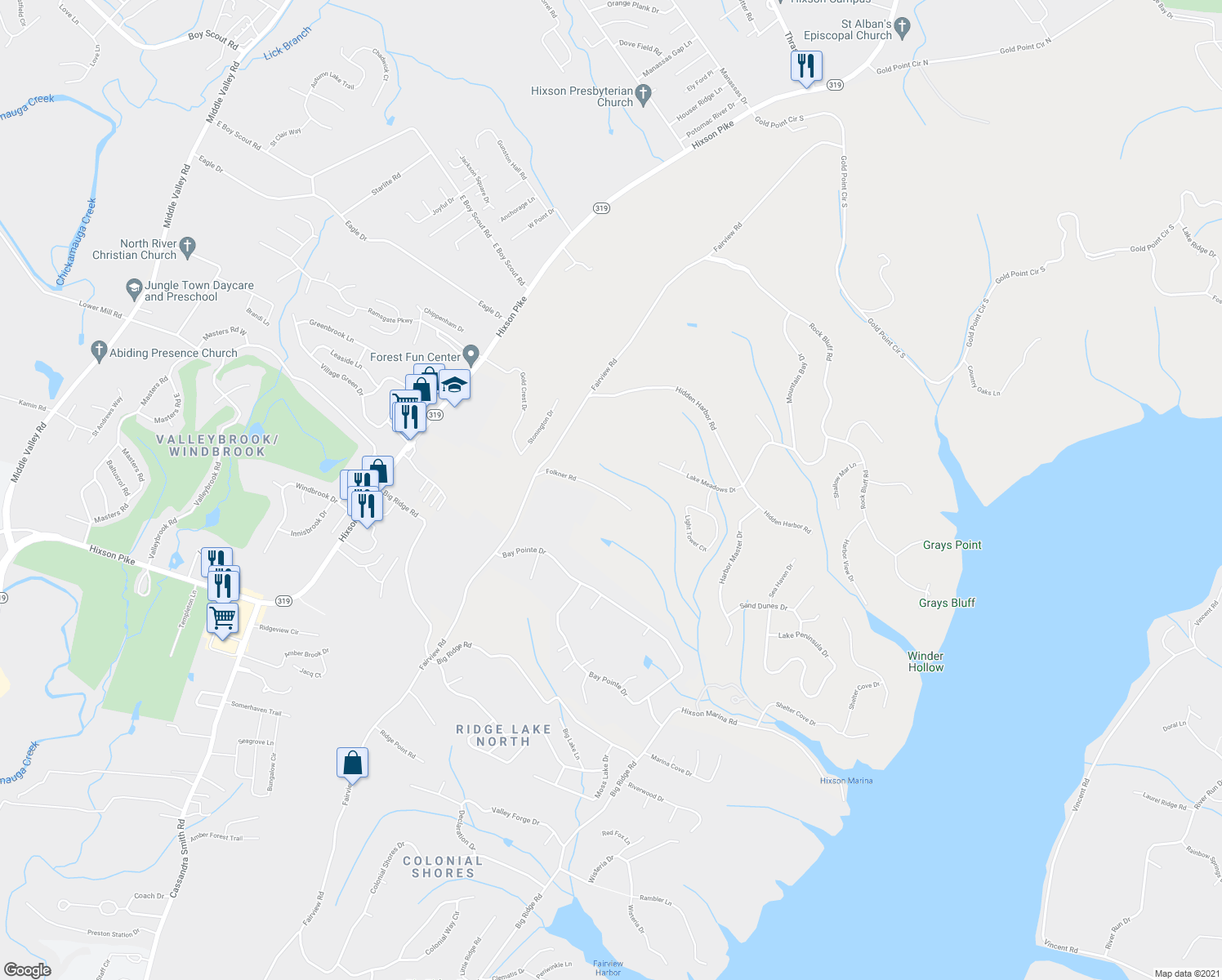 map of restaurants, bars, coffee shops, grocery stores, and more near 2535 Folkner Road in Hamilton County