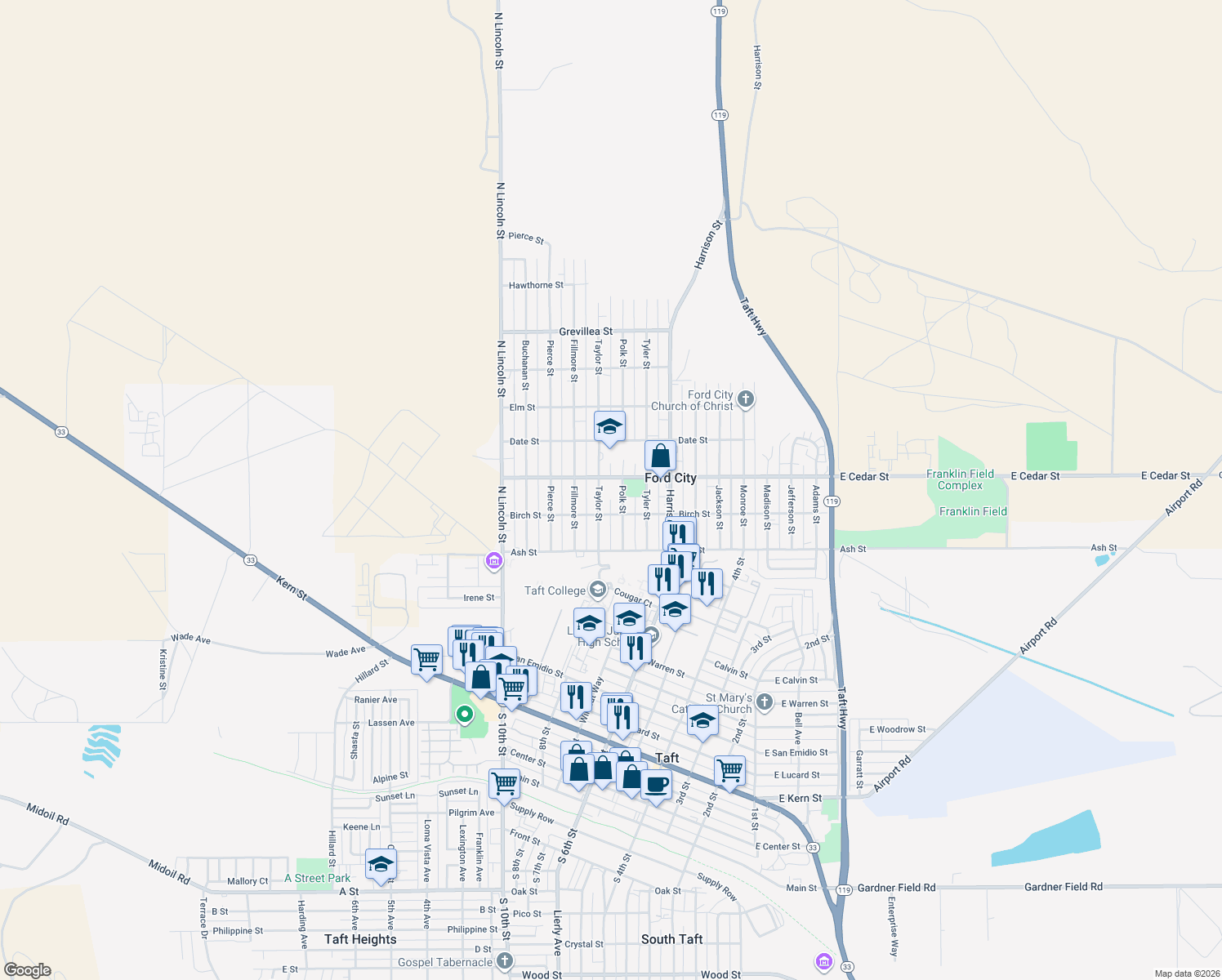 map of restaurants, bars, coffee shops, grocery stores, and more near 218 Taylor Street in Taft