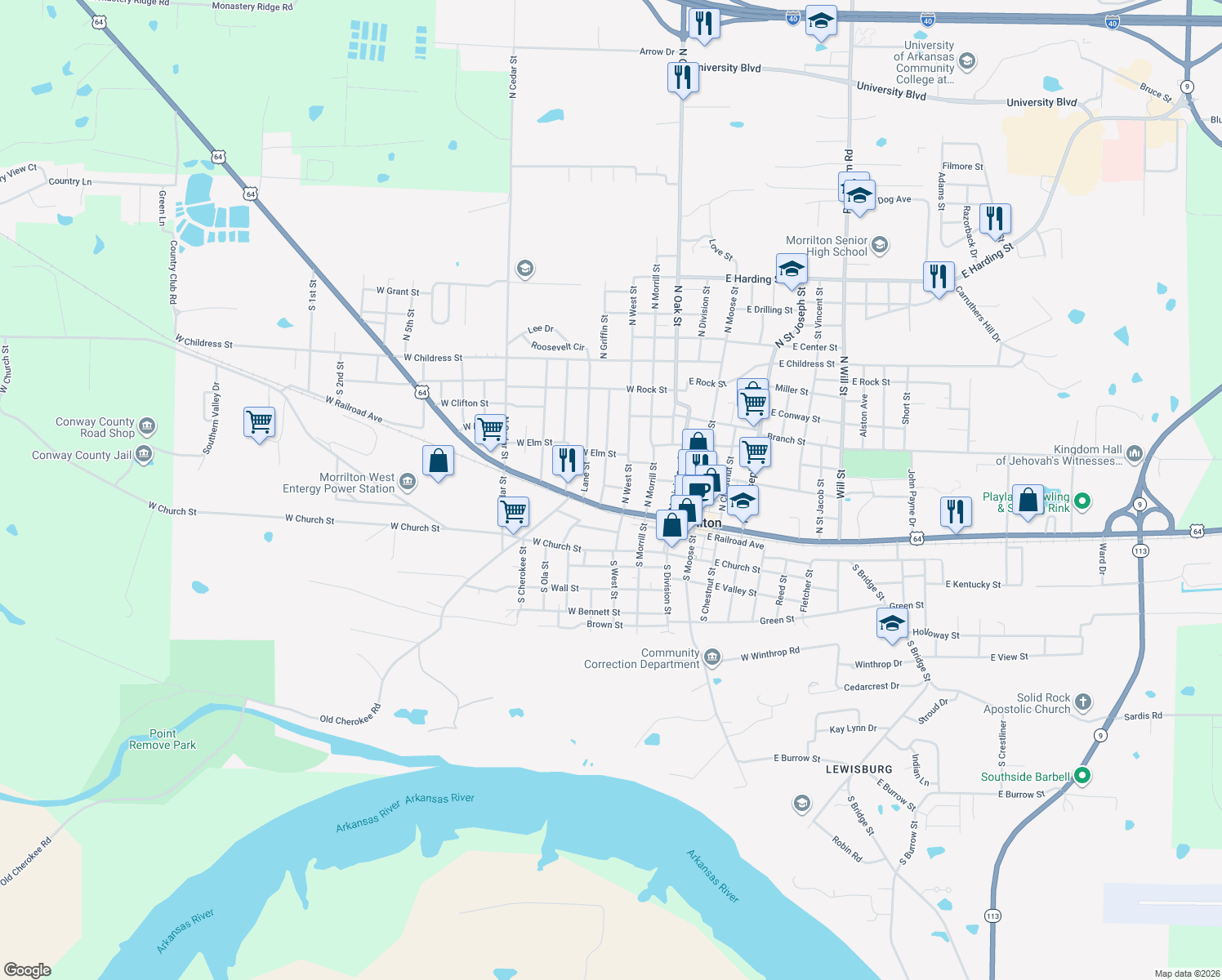 map of restaurants, bars, coffee shops, grocery stores, and more near 301 W Commerce St in Morrilton