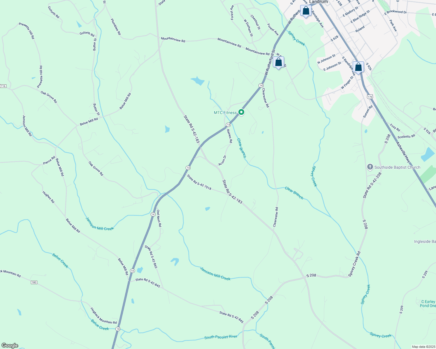 map of restaurants, bars, coffee shops, grocery stores, and more near 306 S Blackstock Rd in Landrum