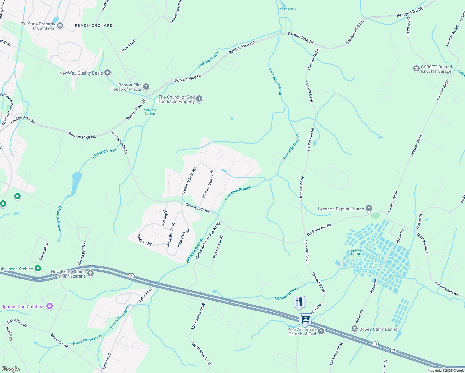 map of restaurants, bars, coffee shops, grocery stores, and more near 573 Willow Creek Cove NE in Cleveland