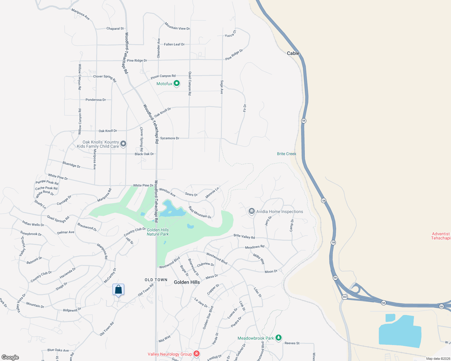 map of restaurants, bars, coffee shops, grocery stores, and more near 23005 Monroe Lane in Tehachapi