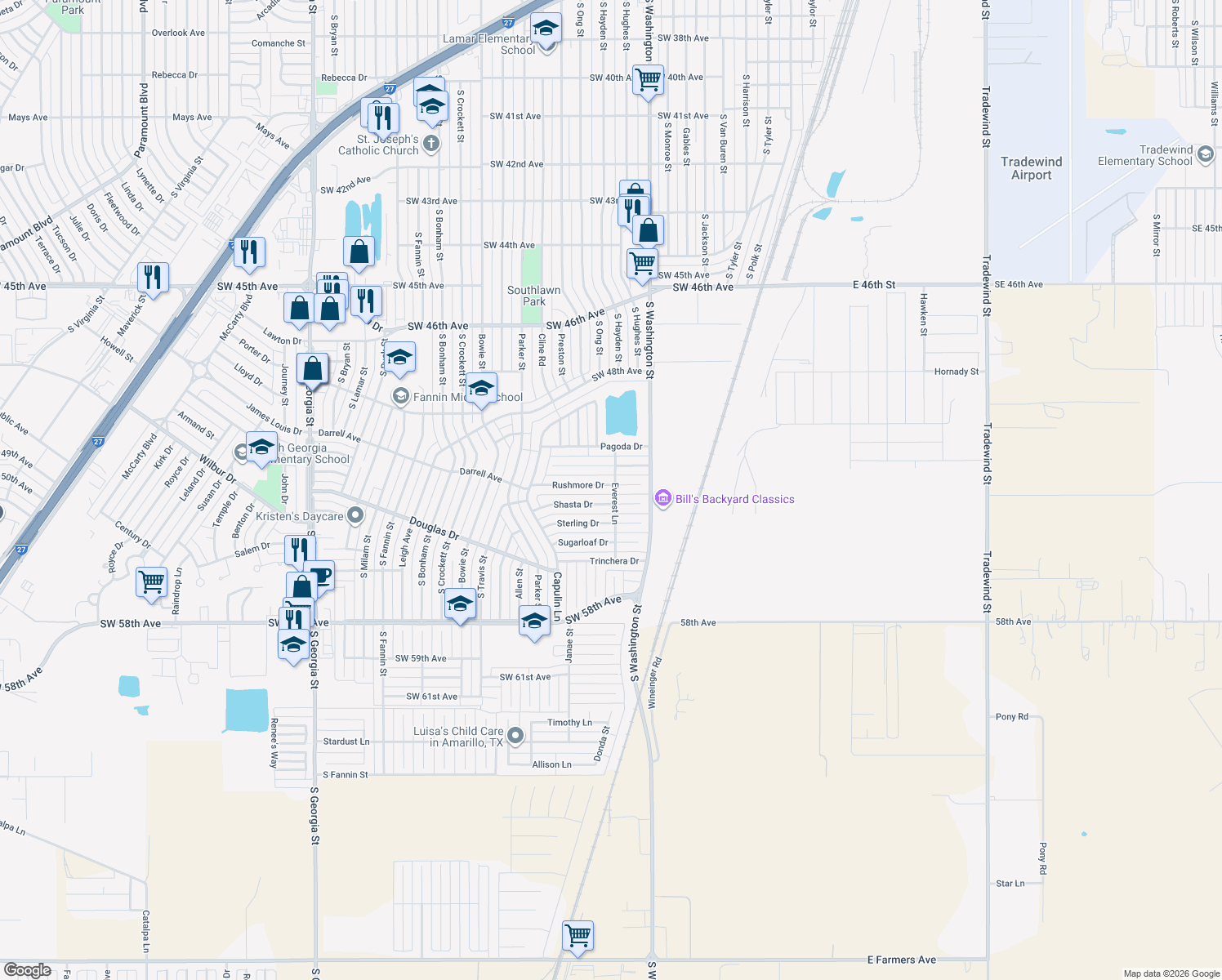 map of restaurants, bars, coffee shops, grocery stores, and more near 1101 Rushmore Drive in Amarillo