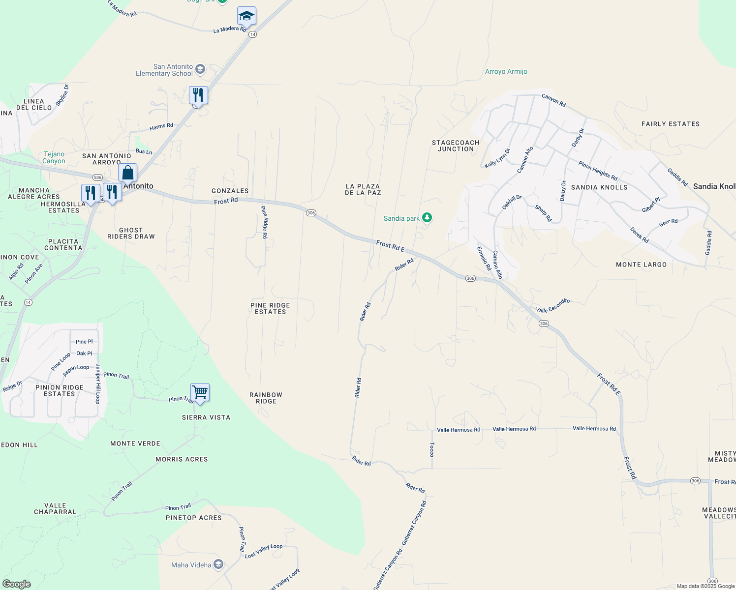map of restaurants, bars, coffee shops, grocery stores, and more near 34 Riders Road in Sandia Park