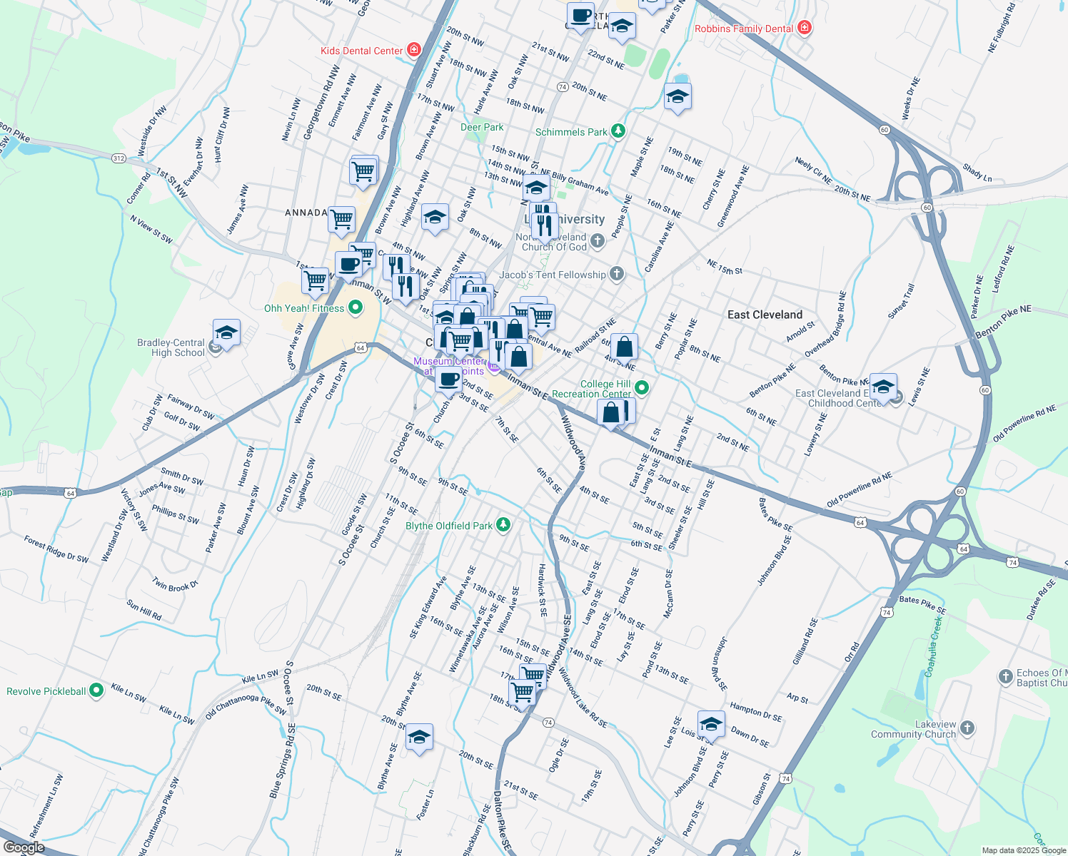 map of restaurants, bars, coffee shops, grocery stores, and more near 435 4th Street Southeast in Cleveland