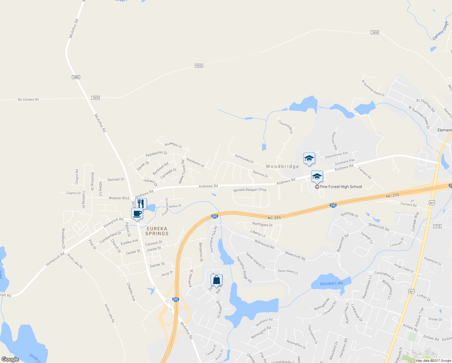map of restaurants, bars, coffee shops, grocery stores, and more near 3510 Maccumber Court in Fayetteville