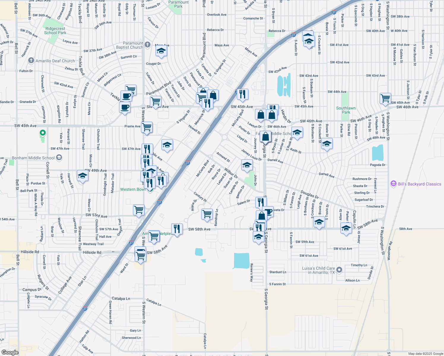 map of restaurants, bars, coffee shops, grocery stores, and more near 5110 Leland Dr in Amarillo
