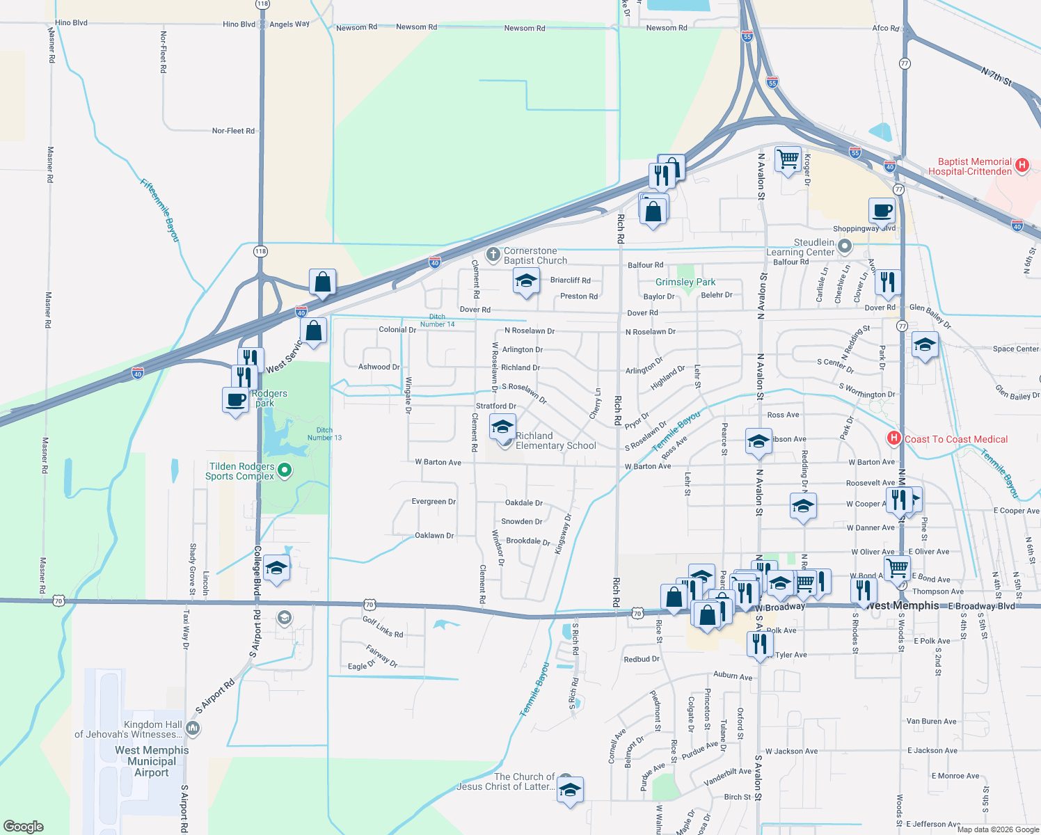 map of restaurants, bars, coffee shops, grocery stores, and more near 1020 Roselawn Circle in West Memphis