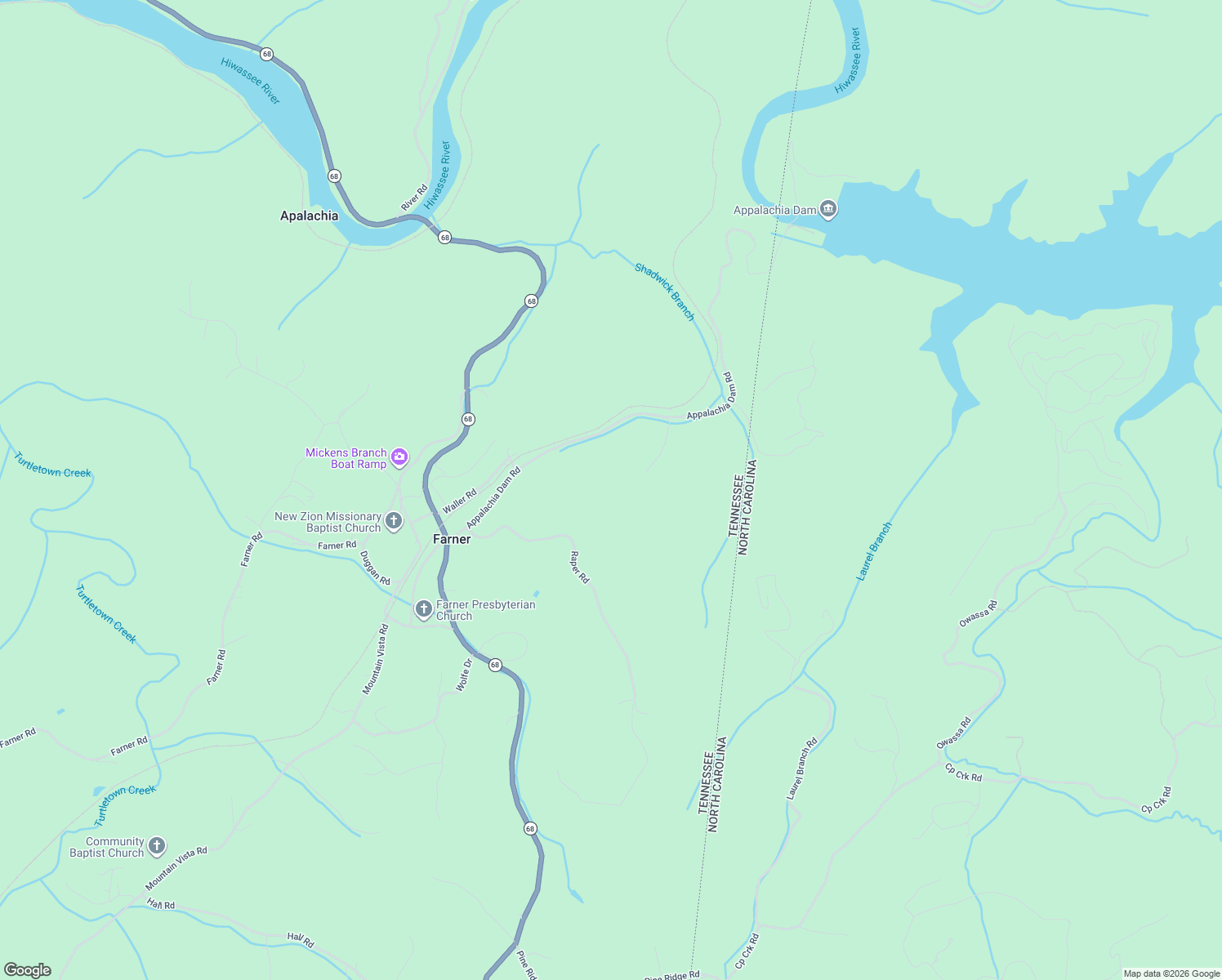 map of restaurants, bars, coffee shops, grocery stores, and more near 476 Appalachia Dam Road in Farner