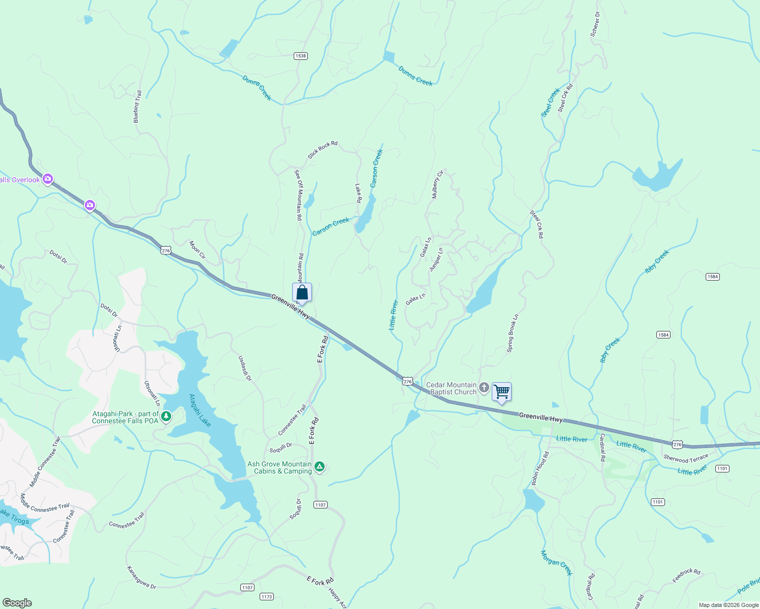 map of restaurants, bars, coffee shops, grocery stores, and more near 1 Ballard Road in Brevard