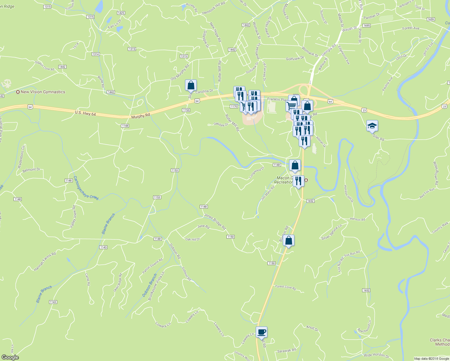 map of restaurants, bars, coffee shops, grocery stores, and more near 606 Patton Road in Franklin