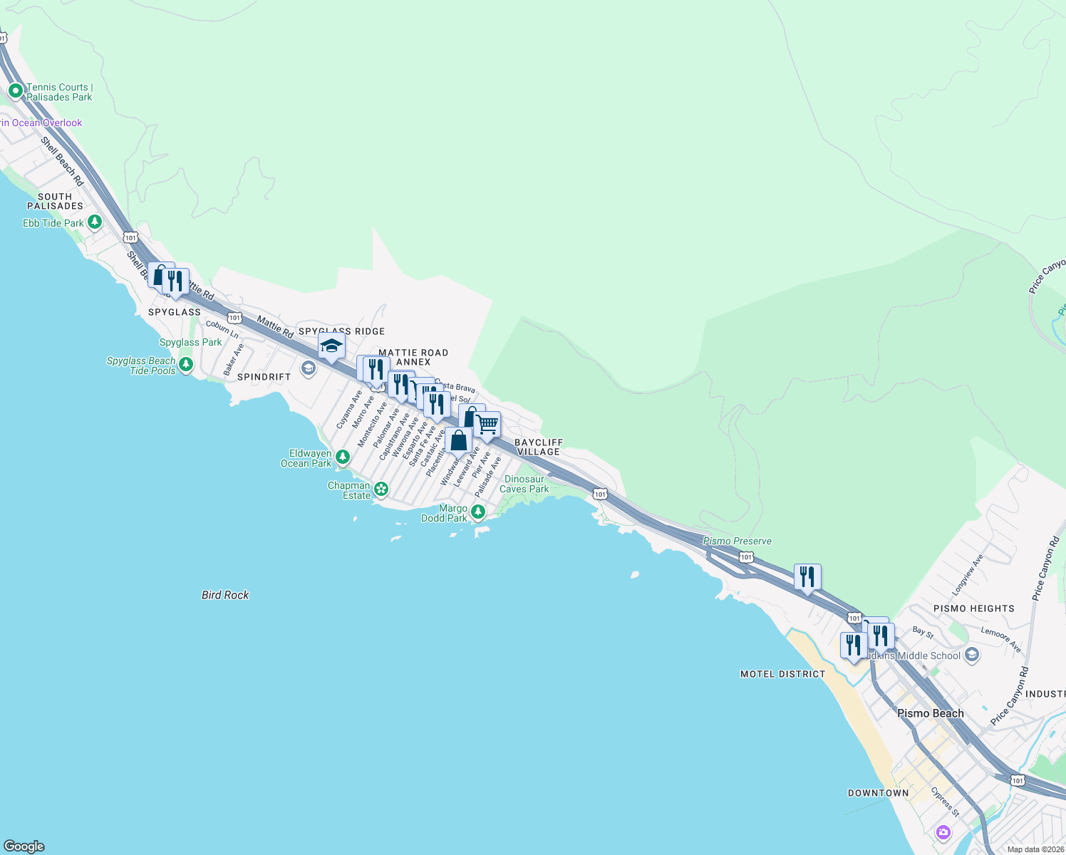 map of restaurants, bars, coffee shops, grocery stores, and more near 429 Westpoint Drive in Pismo Beach