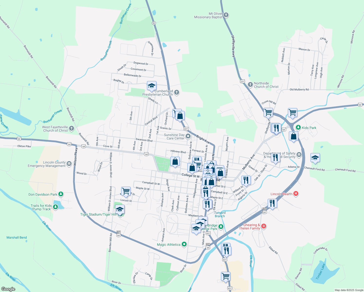 map of restaurants, bars, coffee shops, grocery stores, and more near 500 Swanson Boulevard in Fayetteville