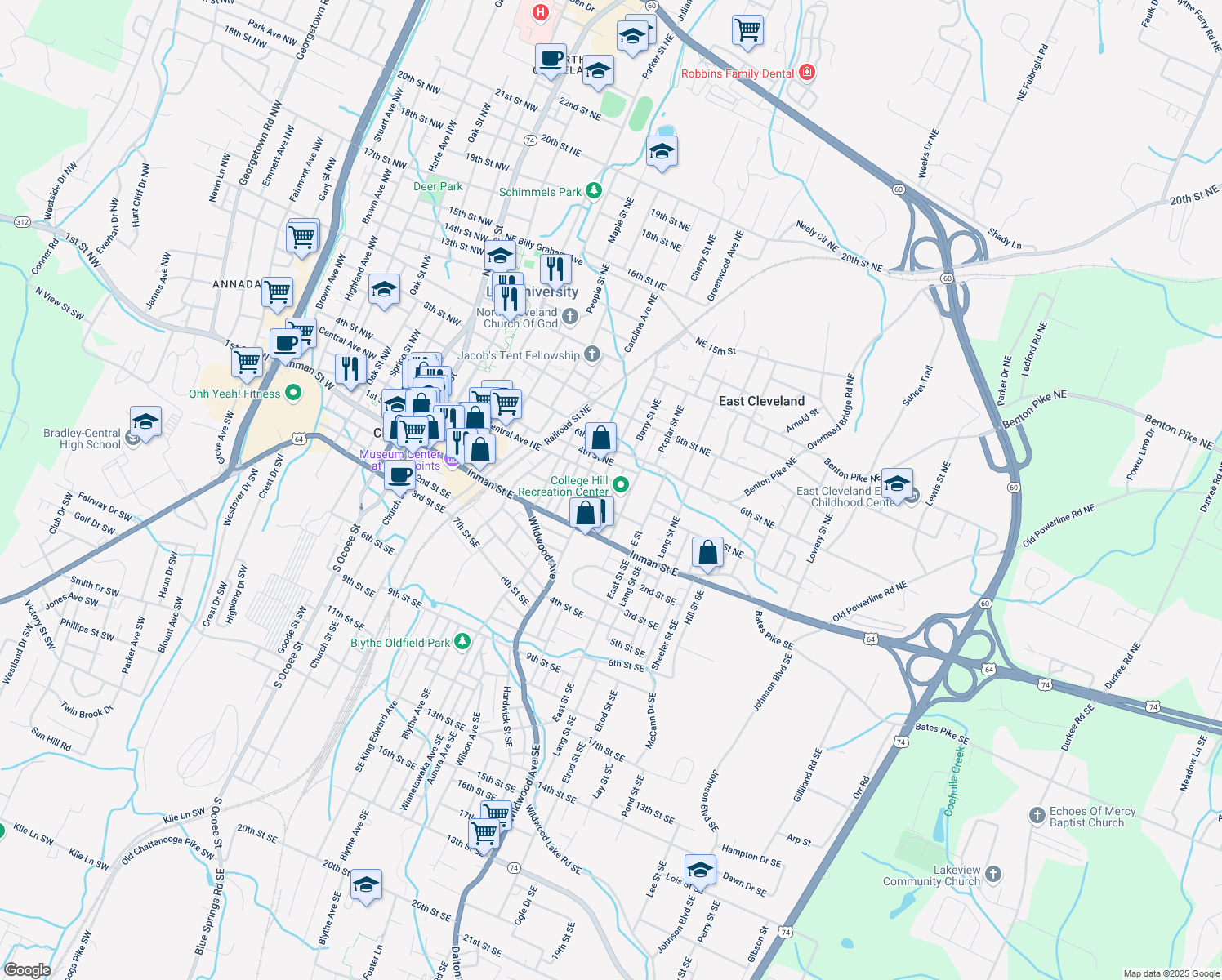 map of restaurants, bars, coffee shops, grocery stores, and more near 263 Berry Street Northeast in Cleveland