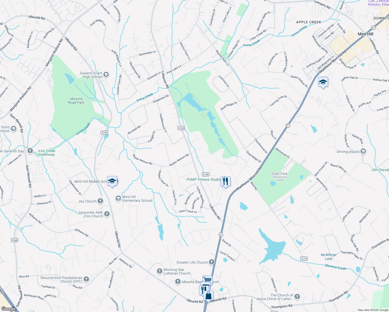 map of restaurants, bars, coffee shops, grocery stores, and more near 4309 Birdie Court in Mint Hill