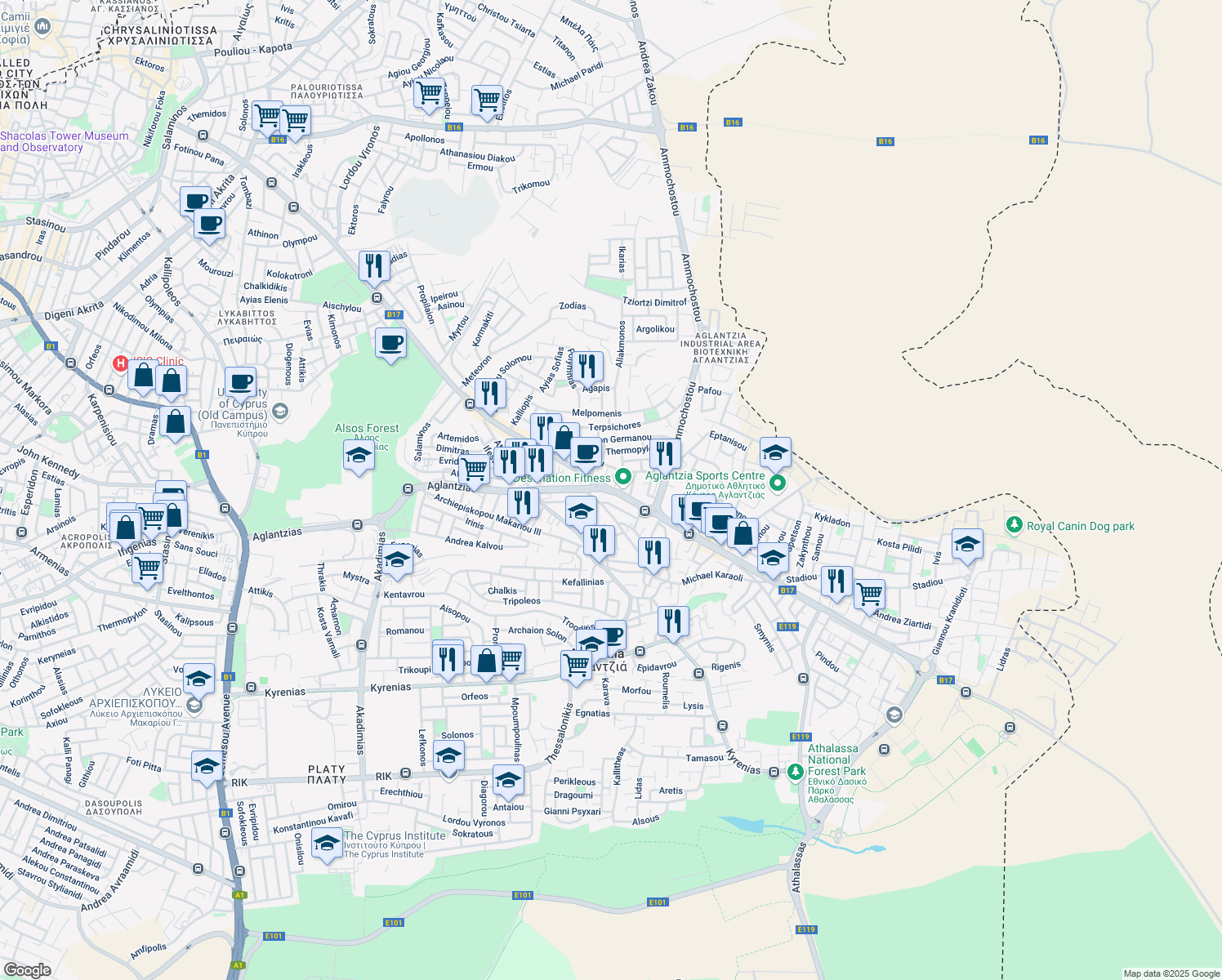 map of restaurants, bars, coffee shops, grocery stores, and more near Larnakos in Aglantzia