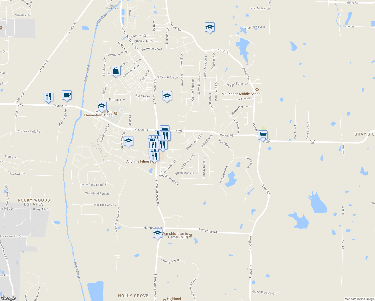 map of restaurants, bars, coffee shops, grocery stores, and more near 1174 Breezy Valley Drive in Shelby County